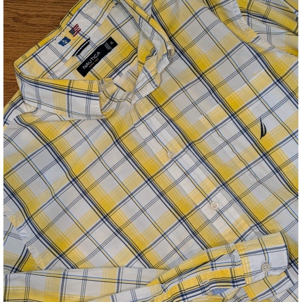 Nautica Long Sleeve Button Up Shirt Men's XL Yellow Blue Plaid Cotton Casual
